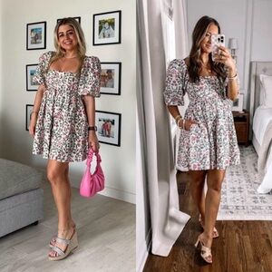 Abercrombie & Fitch White Floral Puff-Sleeve Mini Dress